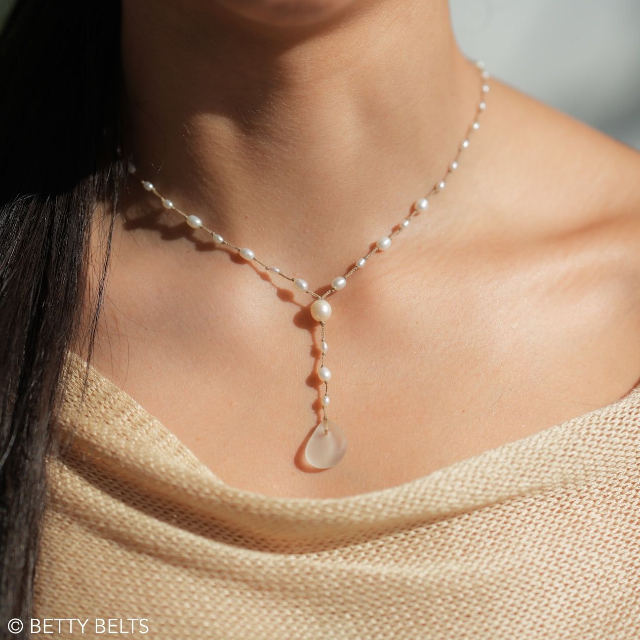 Sophie Sea Glass &amp; Freshwater Pearls Micro Thread Lariat Necklace (Silver &amp; 24K Gold Vermeil)