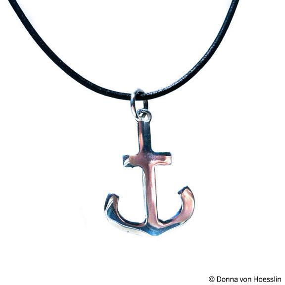 Anchor necklace on Greek leather cord w/ slider bead in black