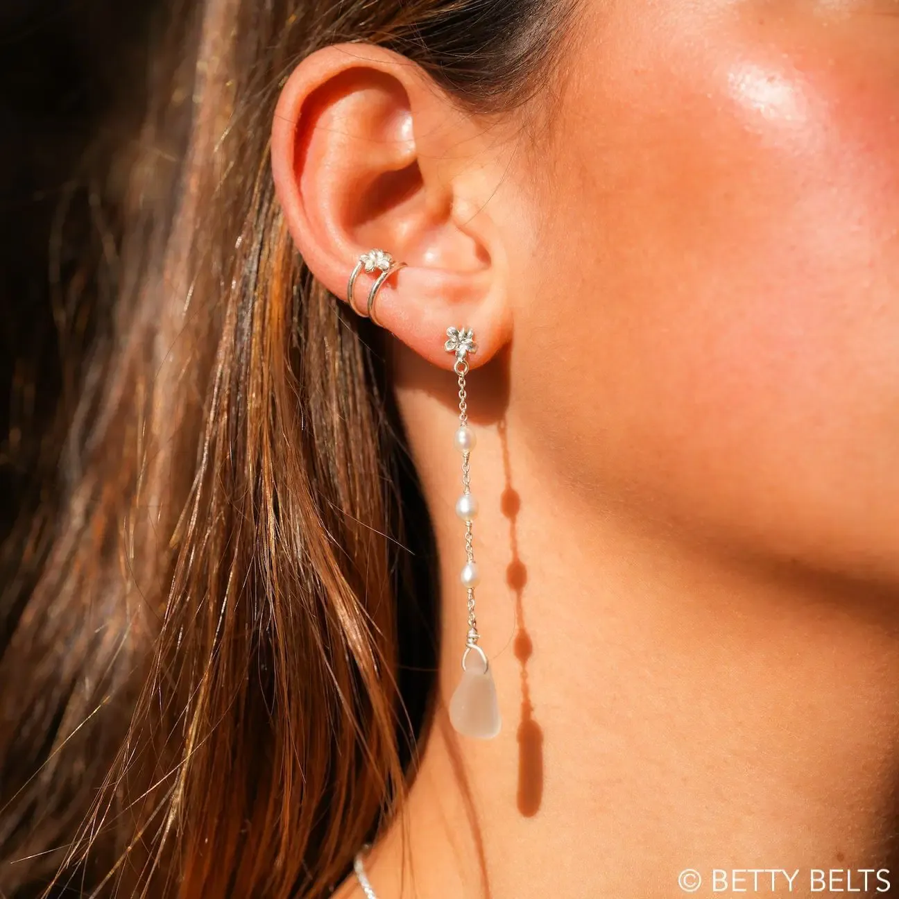 Pearl + Sea Glass Plumeria Wedding Earrings