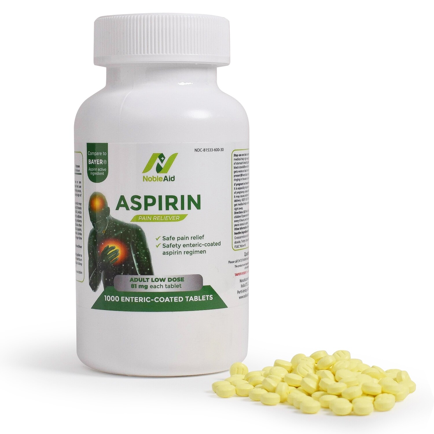 Pure Low Dose Aspirin 81mg for Adults By NobleAid 1000 Count