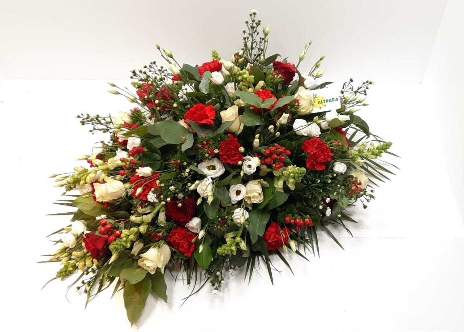 Rouwbloemen, rood en wit