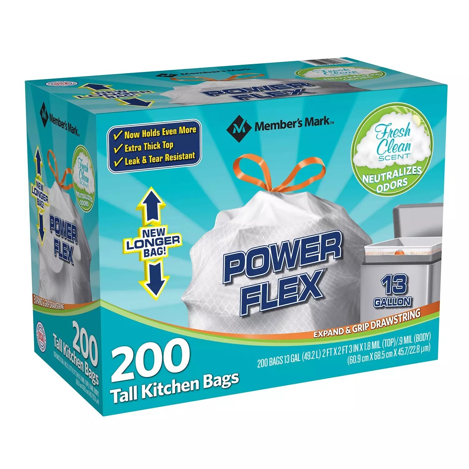 Member&#39;s Mark Power Flex Tall Kitchen Drawstring Trash Bags (13 Gallon, 2 Rolls of 100 ct., 200 count total)