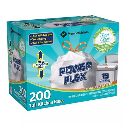 Member&#39;s Mark Power Flex Tall Kitchen Drawstring Trash Bags (13 Gallon, 2 Rolls of 100 ct., 200 count total)