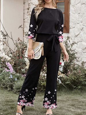 Women Casual Loose Short Sleeve Belted Wide Leg Pant Romper Jumpsuits - Medium