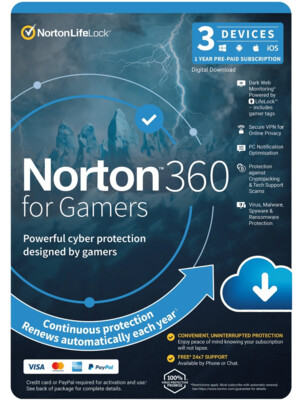 Norton 360 For Gamers. 1 User, 1 Device, 1 Year