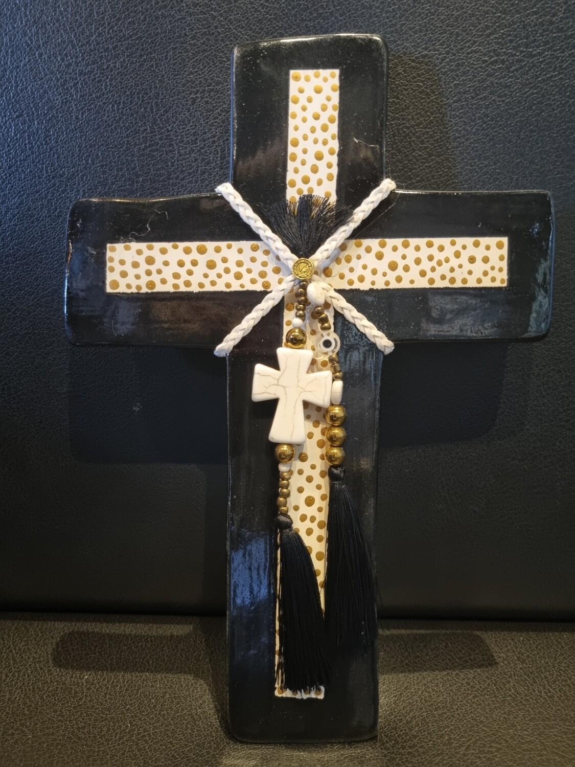 Large bla k with white and gold cross insert ceramic cross