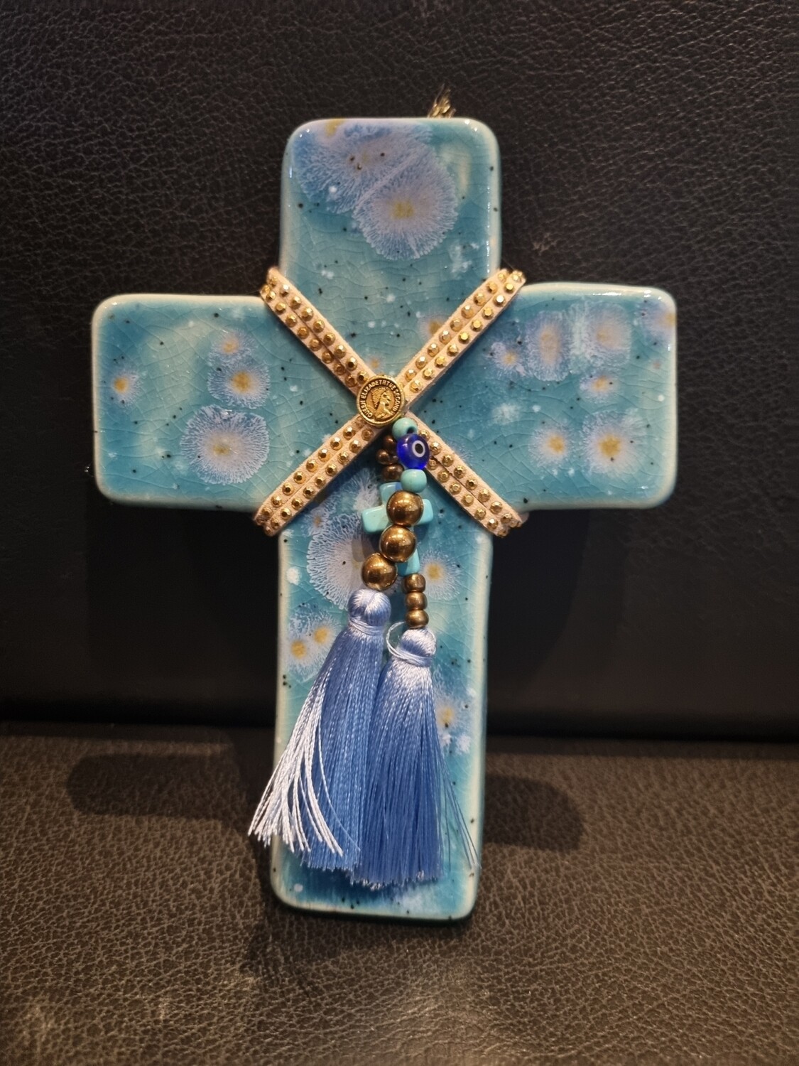Small pale blue with blue coral feature ceramic cross