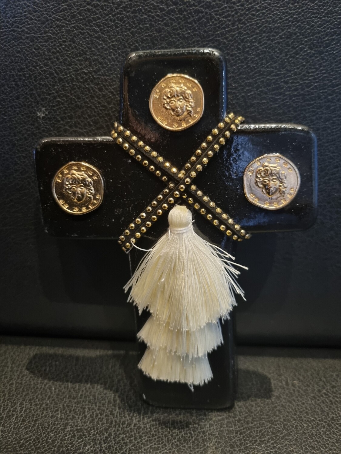 Small black with 3 gold coin ceramic cross