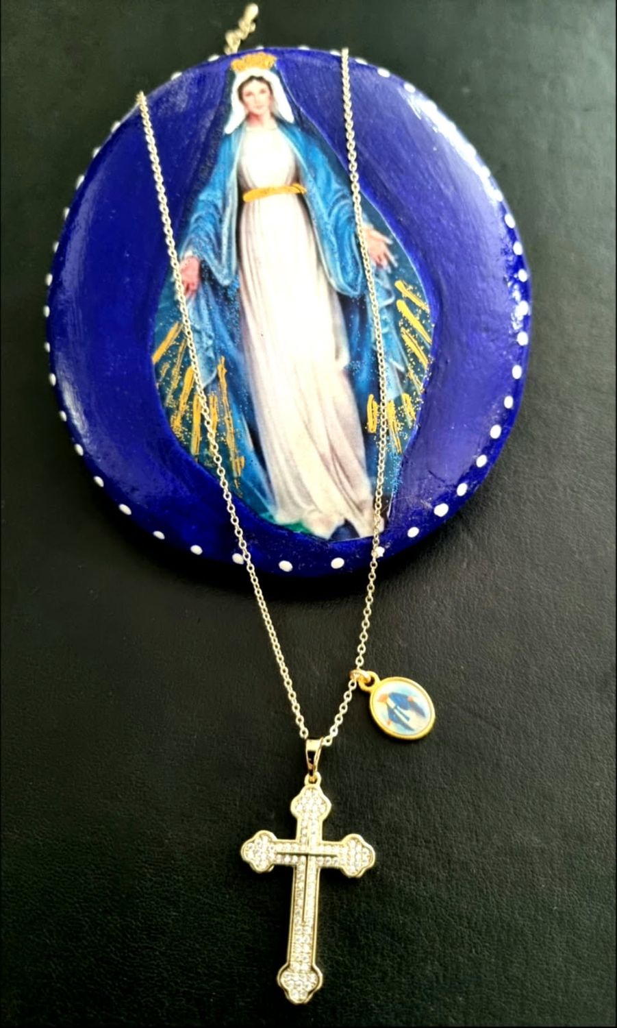 Gold &amp; Diamante Cross with Mother Mary Pendant
