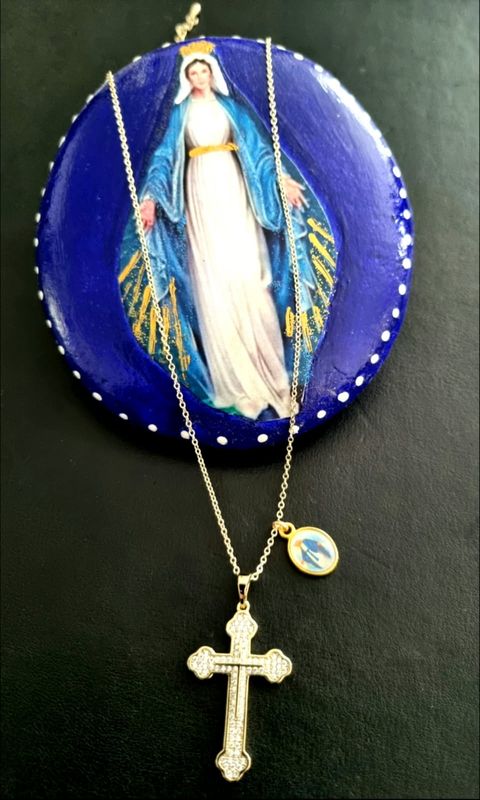 Gold &amp; Diamante Cross with Mother Mary Pendant
