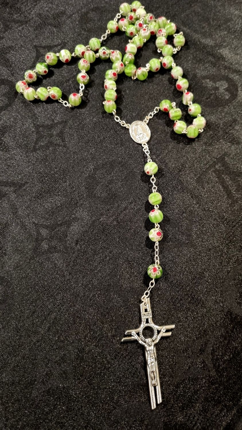 Murano Glass Rosary Beads Light Green w Red Rose