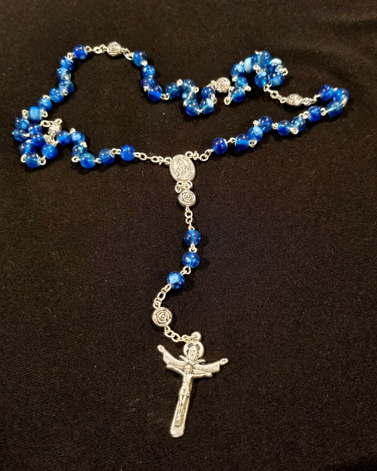 Rosary Glass Flakes w Rose Dark Blue