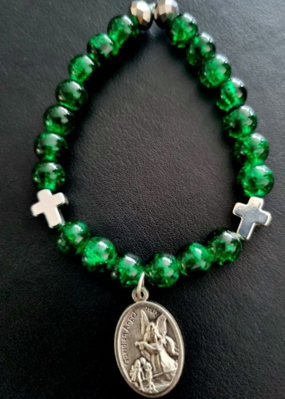 Handmade Blessed Bracelet Emerald Green with Silver Guardian Angel Medal