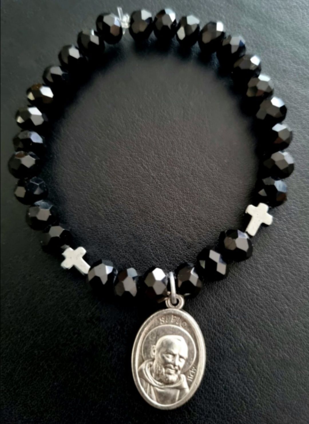 Handmade Blessed Bracelet Black w Silver St. Padre Pio Medal