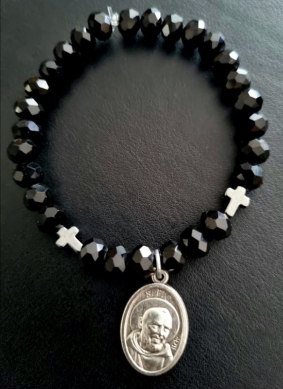 Handmade Blessed Bracelet Black w Silver St. Padre Pio Medal