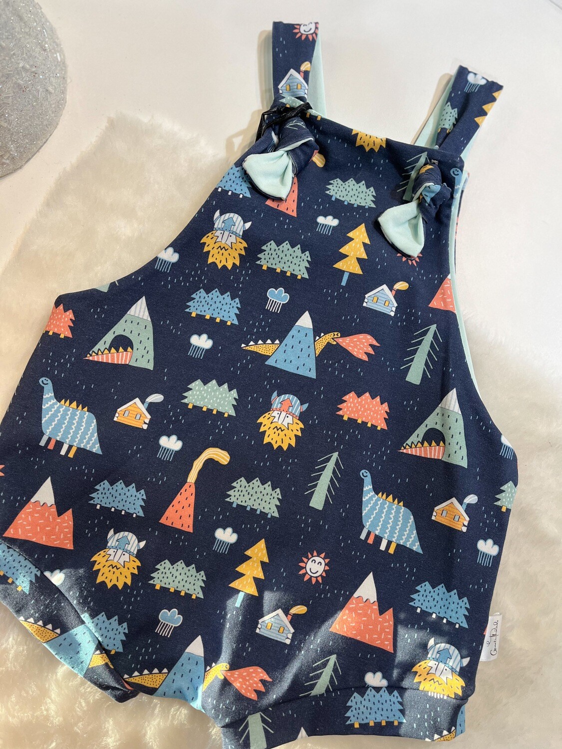 Dino Days with Mint Accents - Shorty Overalls