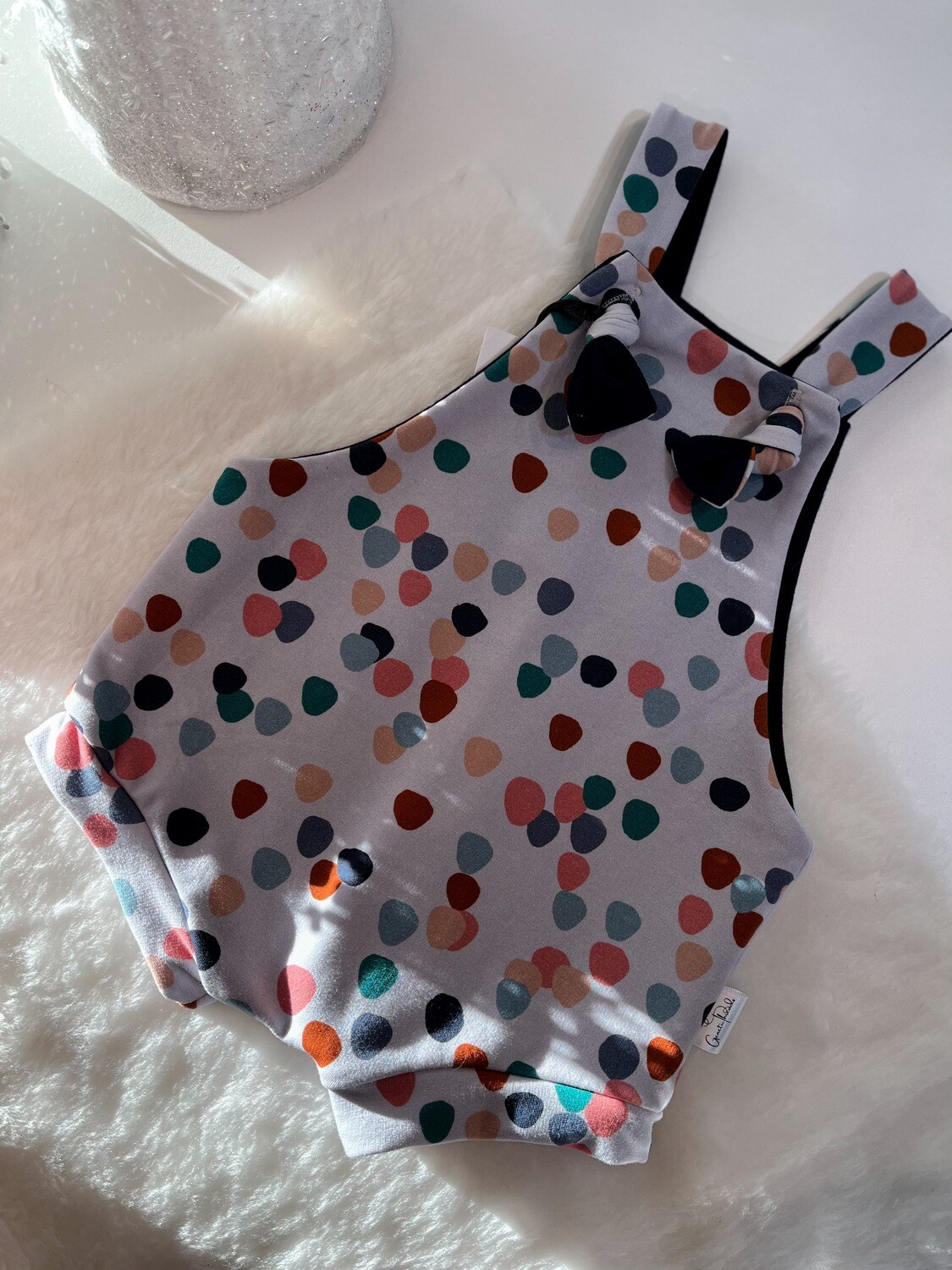 Polkadots with Navy Accents - Shorty Overalls