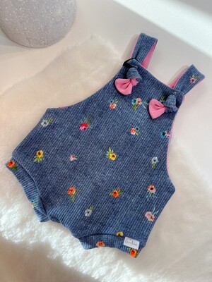 Denim Floral with Pink Accents - Shorty Overalls