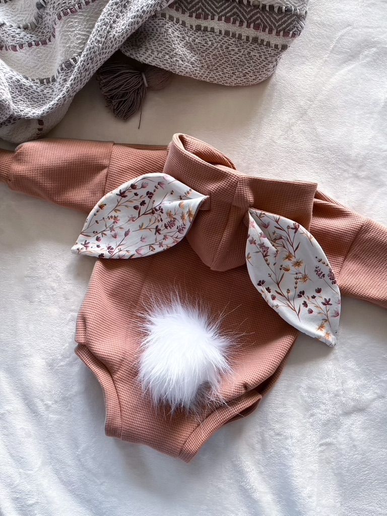 Light brown/Taupe Waffle Bunny Romper - Harvest Floral Inner Ear