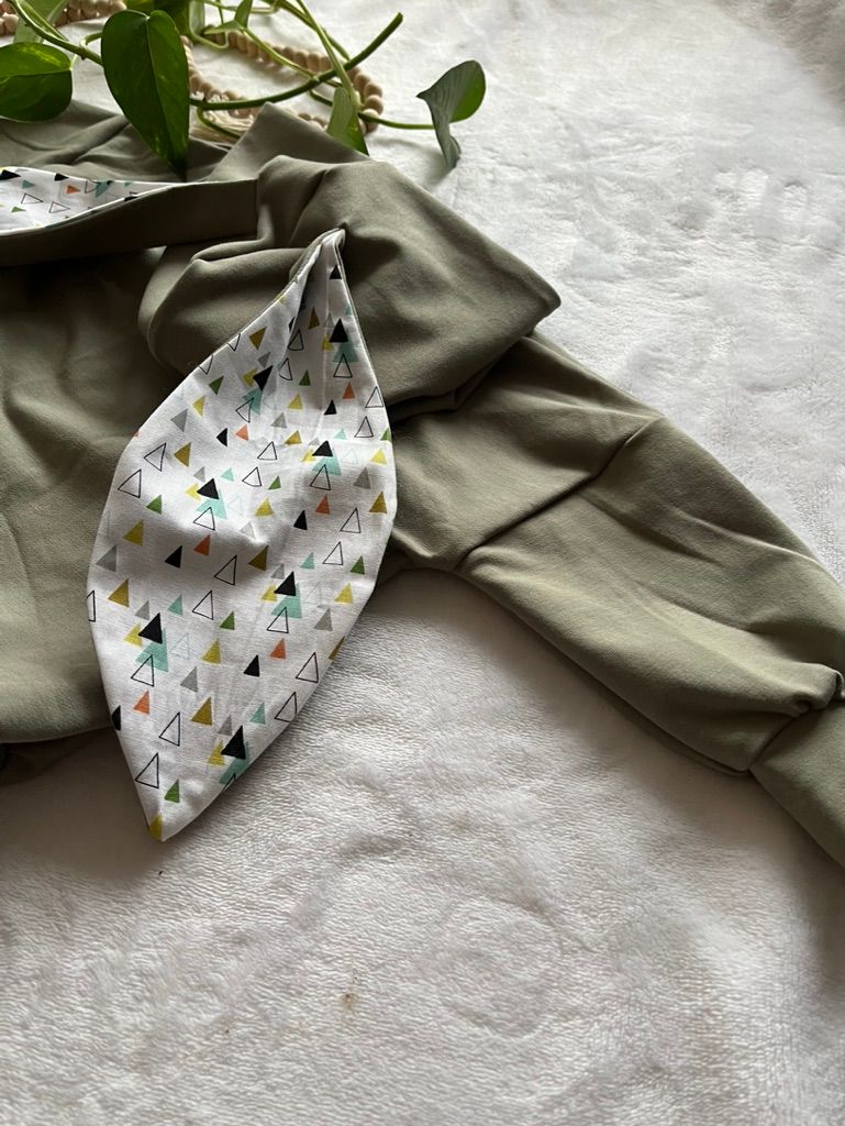 Sage Green Bunny Romper - Geometric Inner Ear
