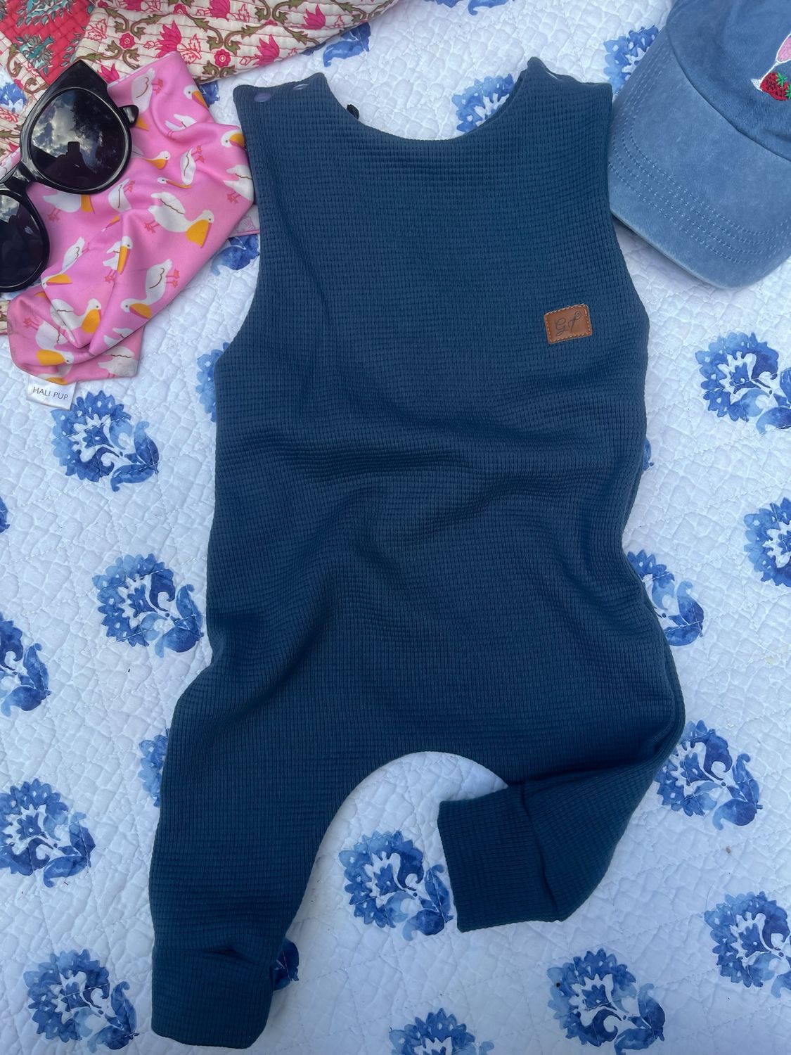Waffle Knit Hipster Romper - Denim Blue