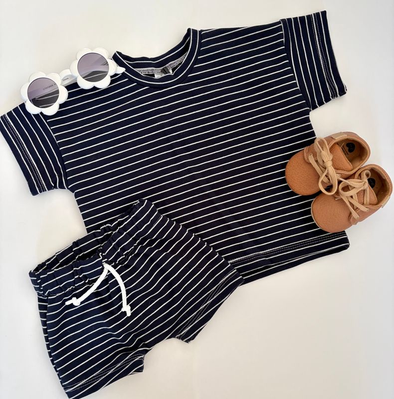Coastal Breeze Summer Shorts - Navy and White Stripe