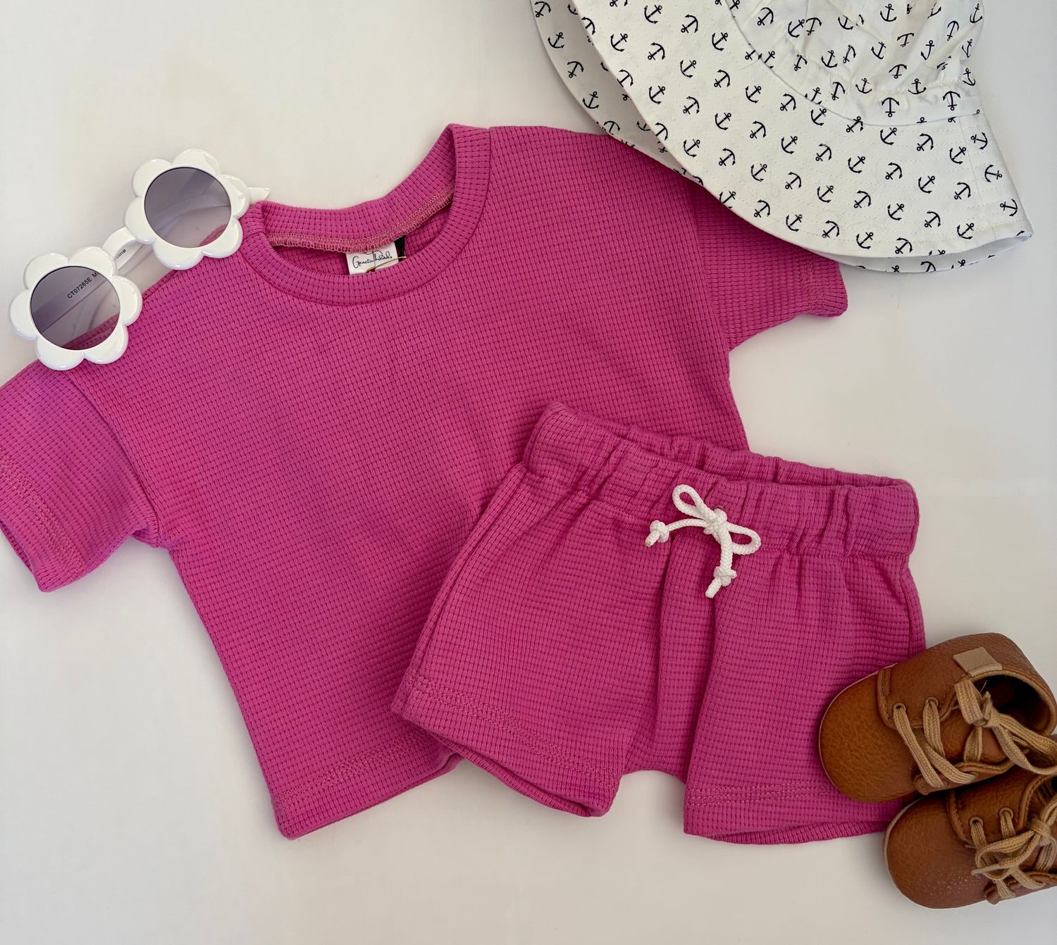 Coastal Breeze Oversized Tee - Bubble Gum Pink Waffle