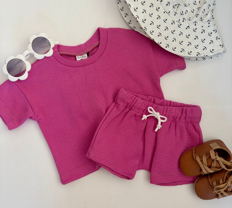Coastal Breeze Oversized Tee - Bubble Gum Pink Waffle