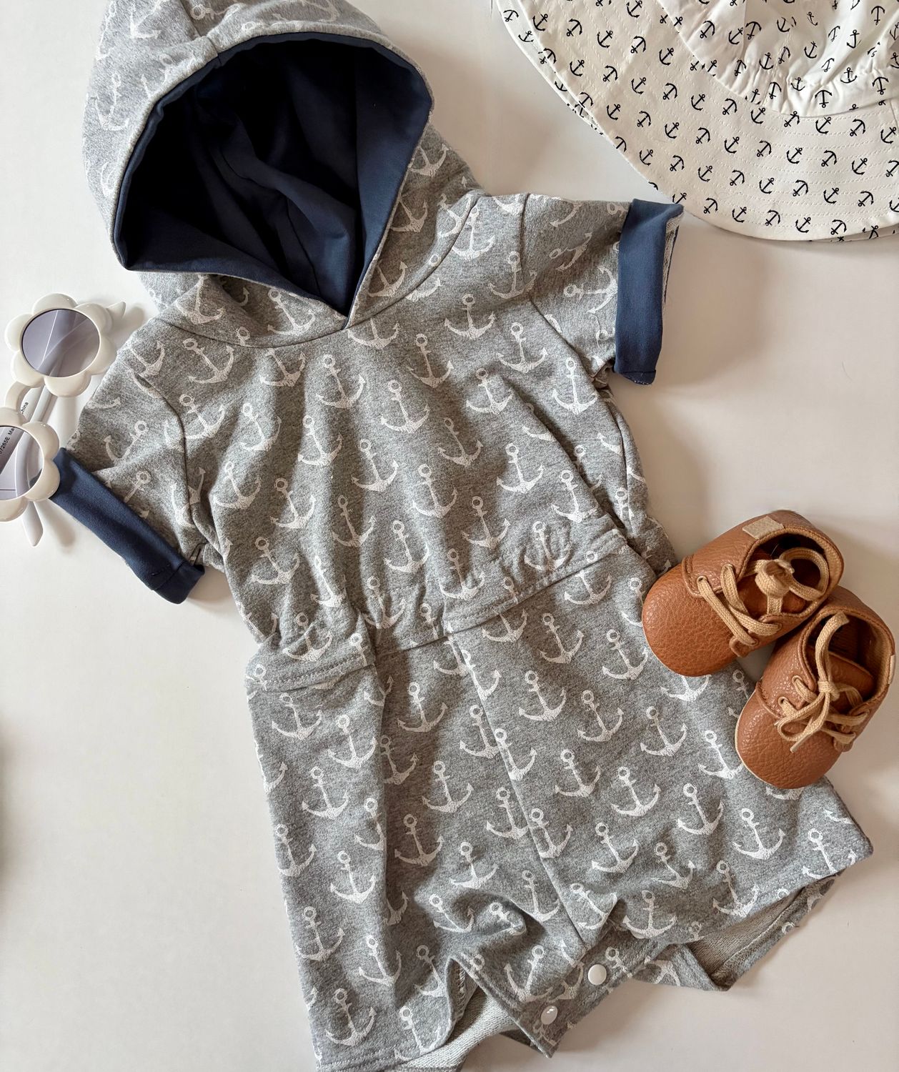 Beach Escape Romper - Nautical Grey and White Anchors with Blue Accents