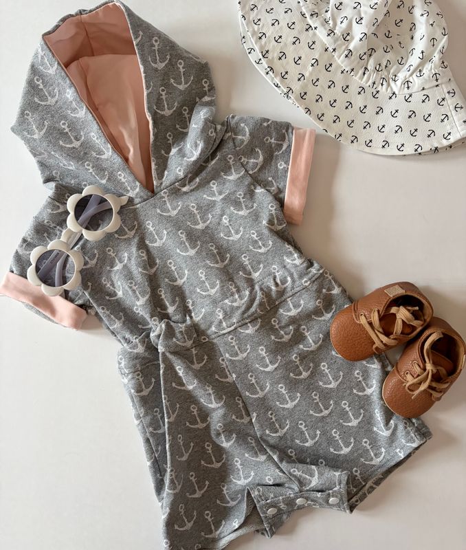 Beach Escape Romper - Nautical Grey and White Anchors with Pink Accents