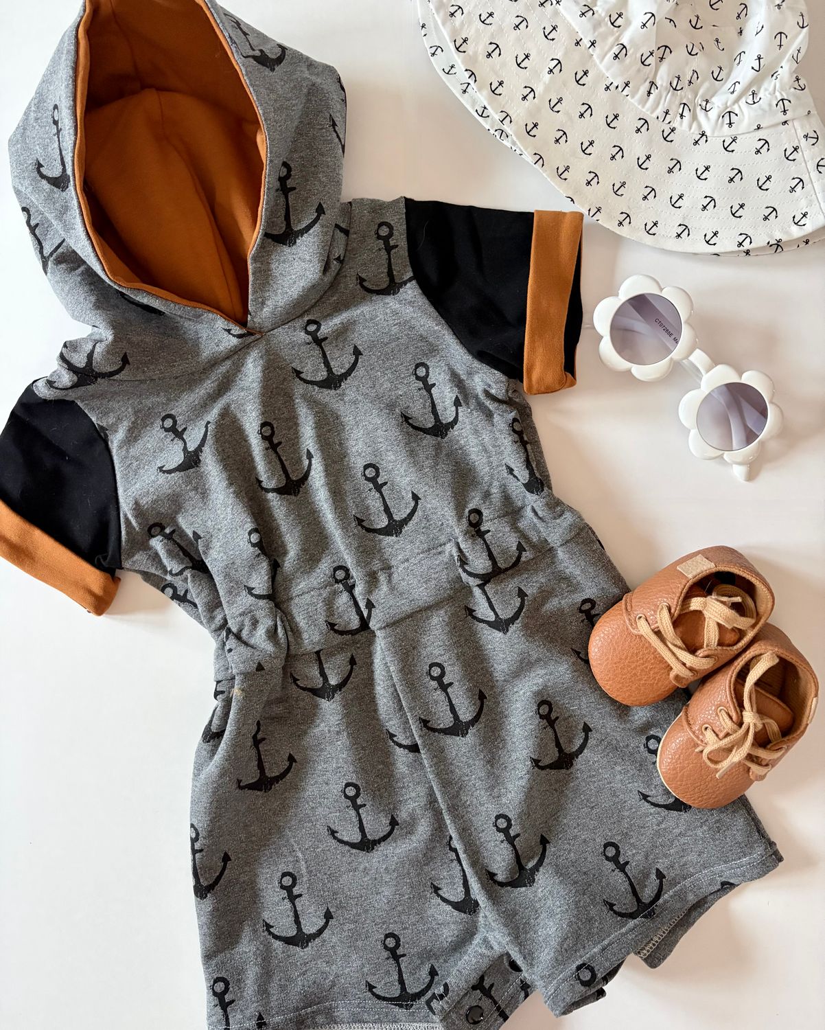 Beach Escape Romper - Nautical Grey and Black Anchors with Black and Camel Accents