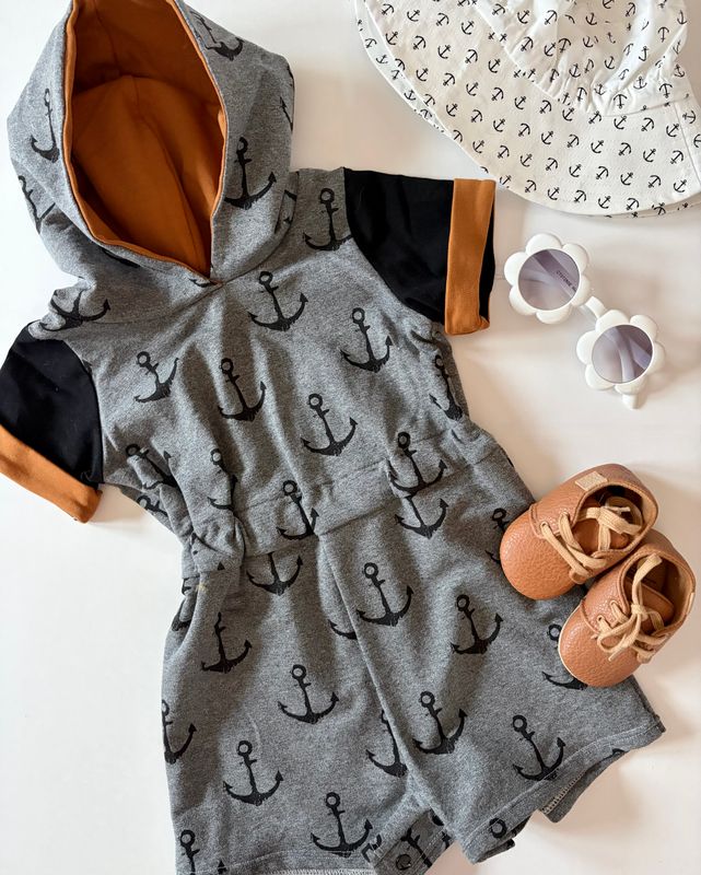 Beach Escape Romper - Nautical Grey and Black Anchors with Black and Camel Accents