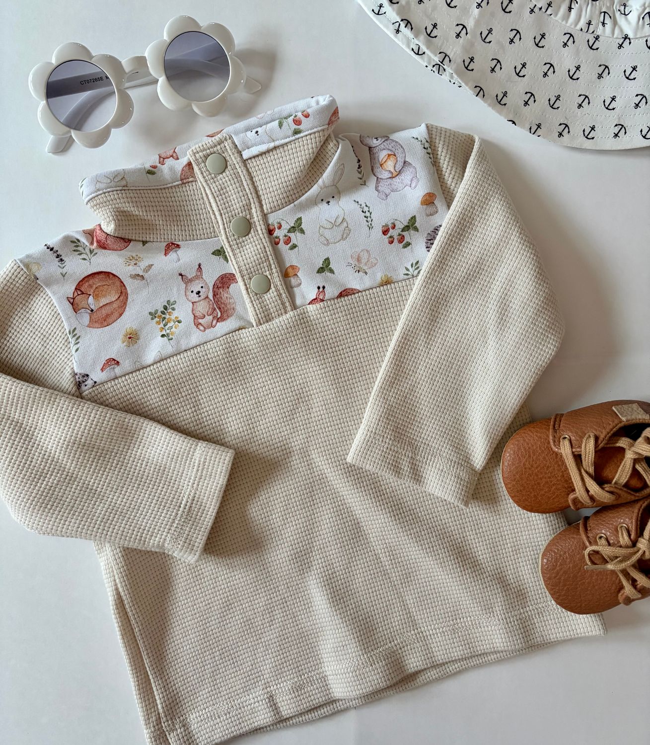 Cream Waffle Quarter Snap with Forest Animal Accents