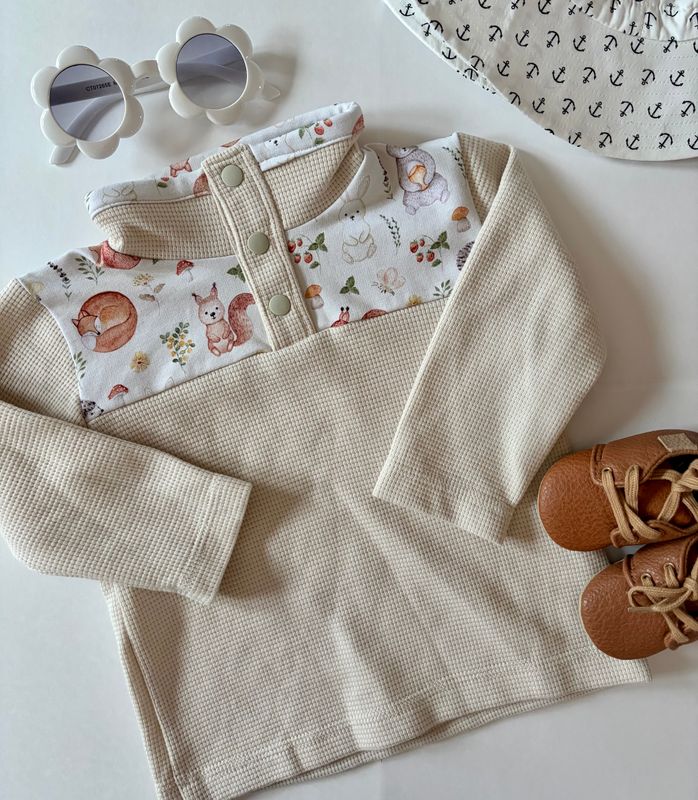 Cream Waffle Quarter Snap with Forest Animal Accents
