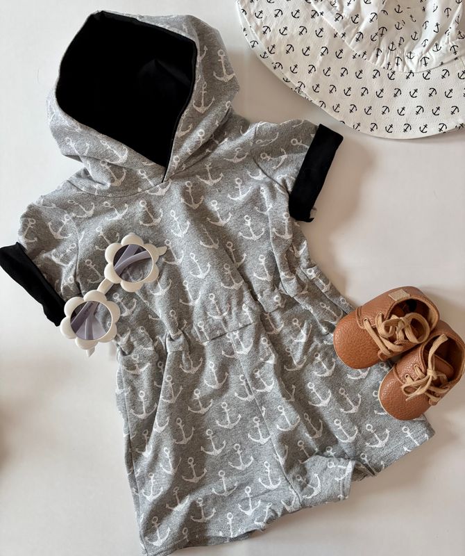 Beach Escape Romper - Nautical Grey and White Anchors with Black Accents