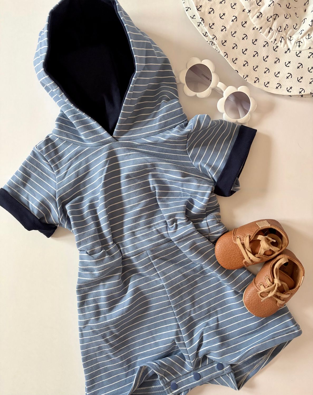 Beach Escape Romper - Blue and White Stripes with Navy Accents