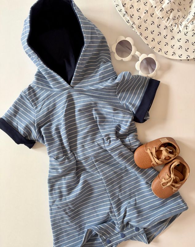 Beach Escape Romper - Blue and White Stripes with Navy Accents