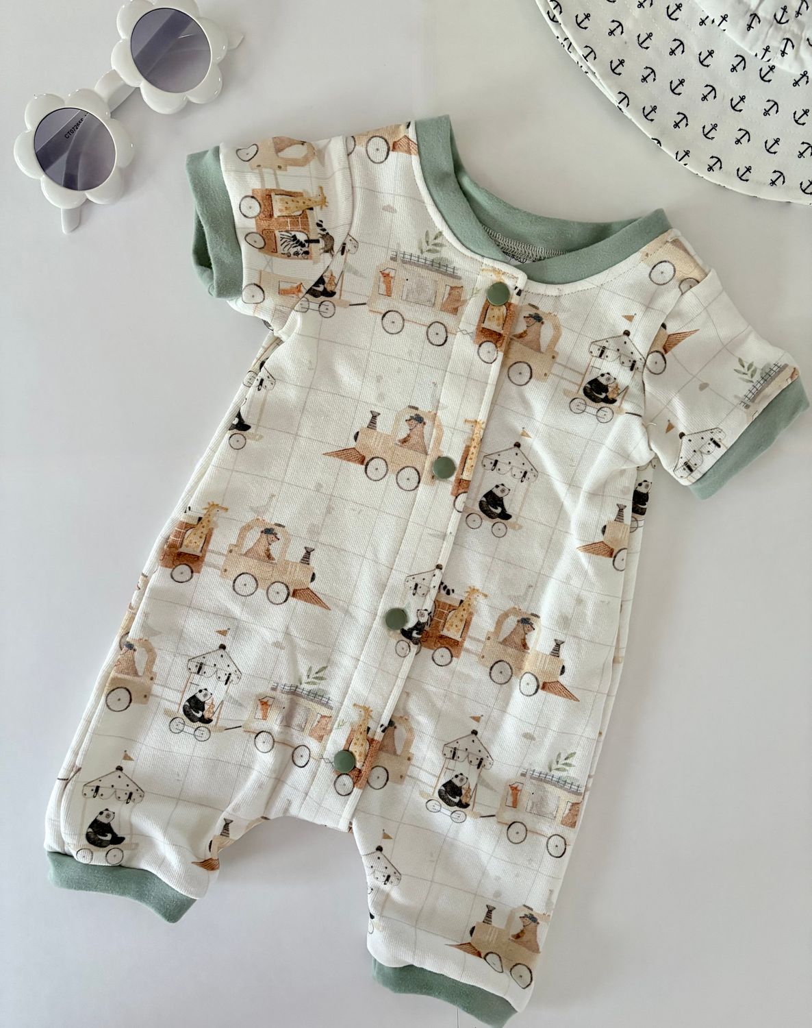 Summer Escape Romper - Animal Train with Green Accents