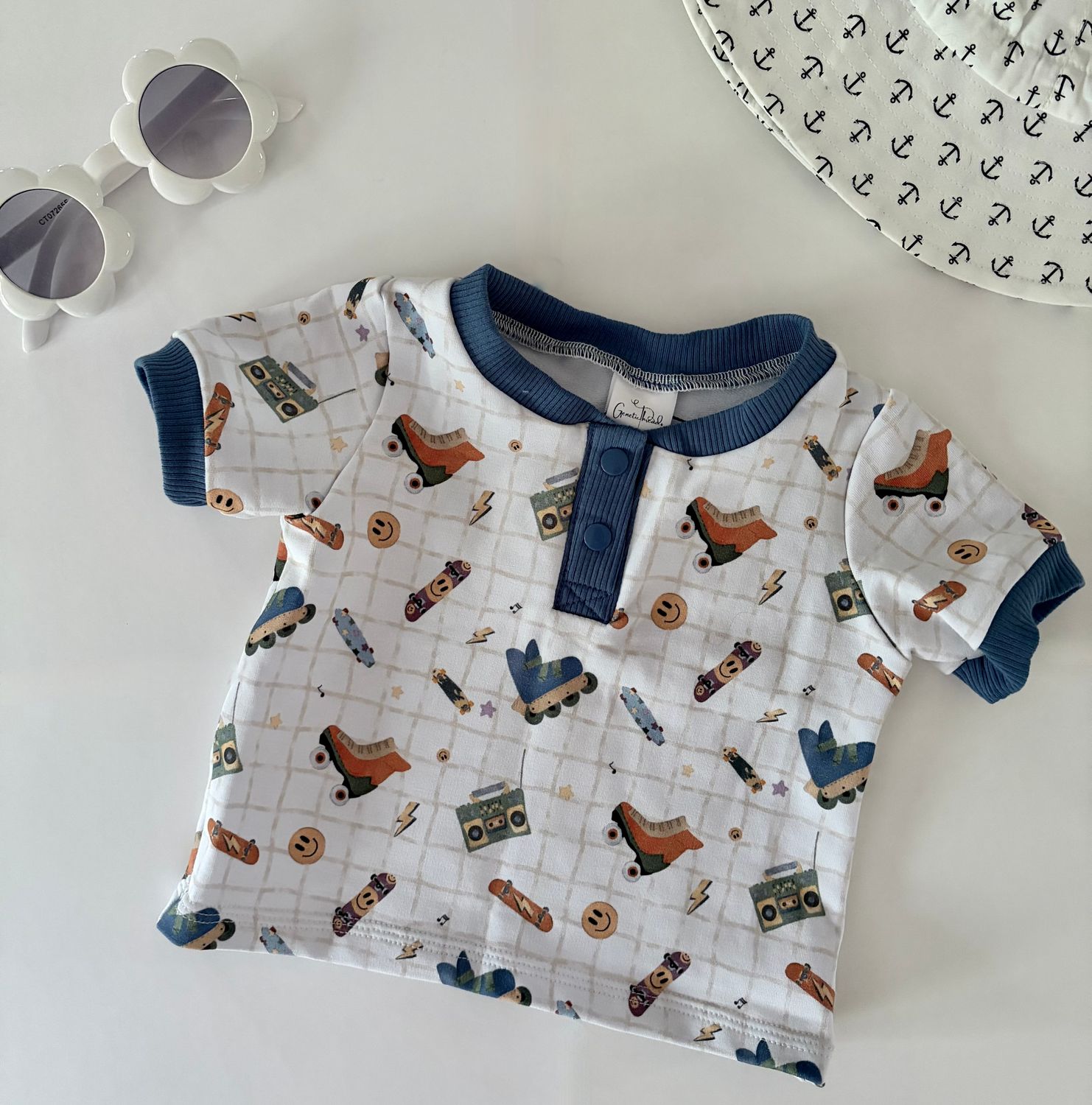 Coastal Short Sleeved Henley Tee - Custom Retro Skater Print