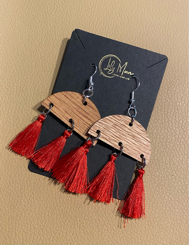 Wood and Red Tassel Earrings