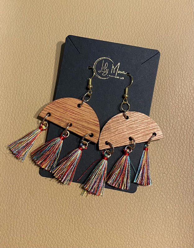 Wood and Rainbow Tassel Earrings