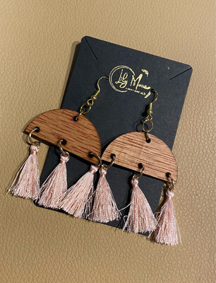 Wood and Pink Tassel Earrings