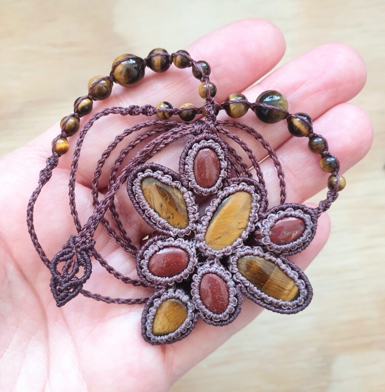 Tiger Eye &amp; Red Jasper Macrame Amulet Necklace 