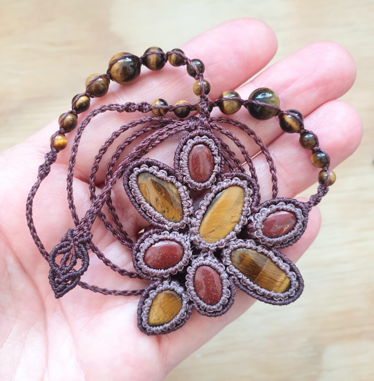 Tiger Eye &amp; Red Jasper Macrame Amulet Necklace 
