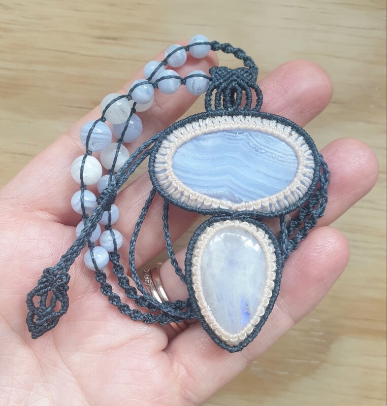 Blue Lace Agate &amp; Rainbow Moonstone Amulet 