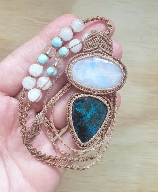 Azurite &amp; Rainbow Moonstone Micromacrame Necklace
