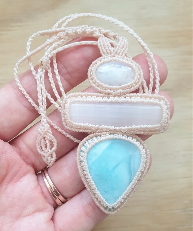 Selenite, Larimar &amp; Rainbow Moonstone Amulet Necklace