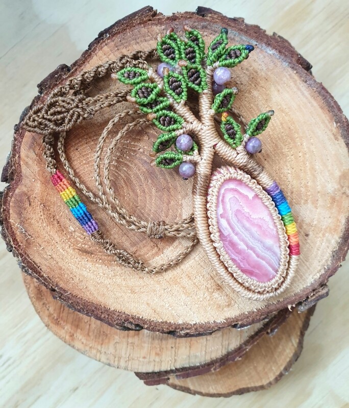 Tree of Life Necklace with Rhodocrosite Pendant &amp; Lepidolite Beads