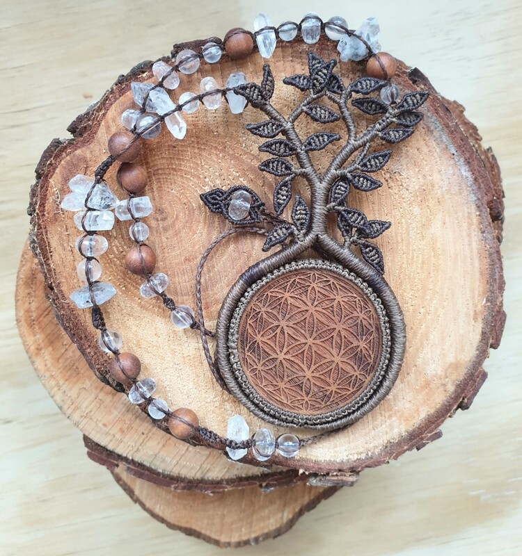 Tree of Life Necklace with Walnut Wood Pendant &amp; Quartz Beads
