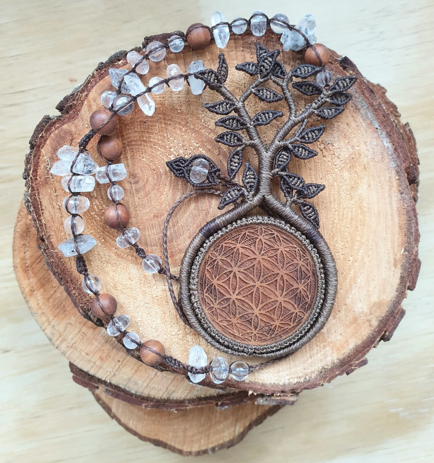 Tree of Life Necklace with Walnut Wood Pendant &amp; Quartz Beads